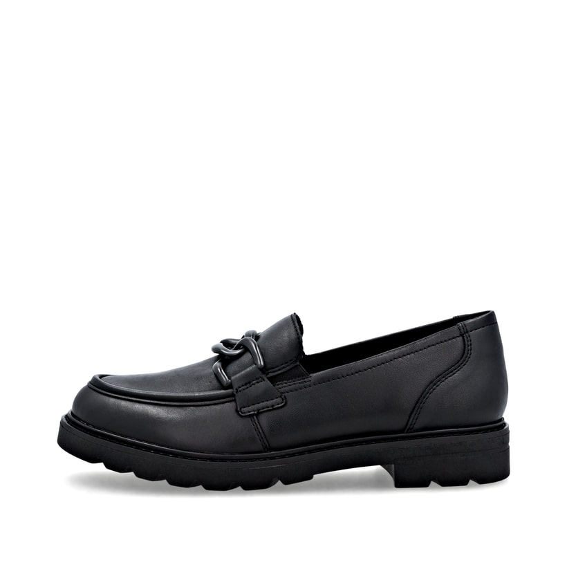 Schwarze remonte Damen Loafer D2Q01-00 mit Deko-Kette sowie einem Gummizug. Schuh Außenseite.