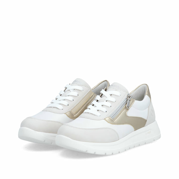 Weißgraue vegane remonte Damen Schnürschuhe D2V02-80 mit einem Reißverschluss. Schuhpaar seitlich schräg.