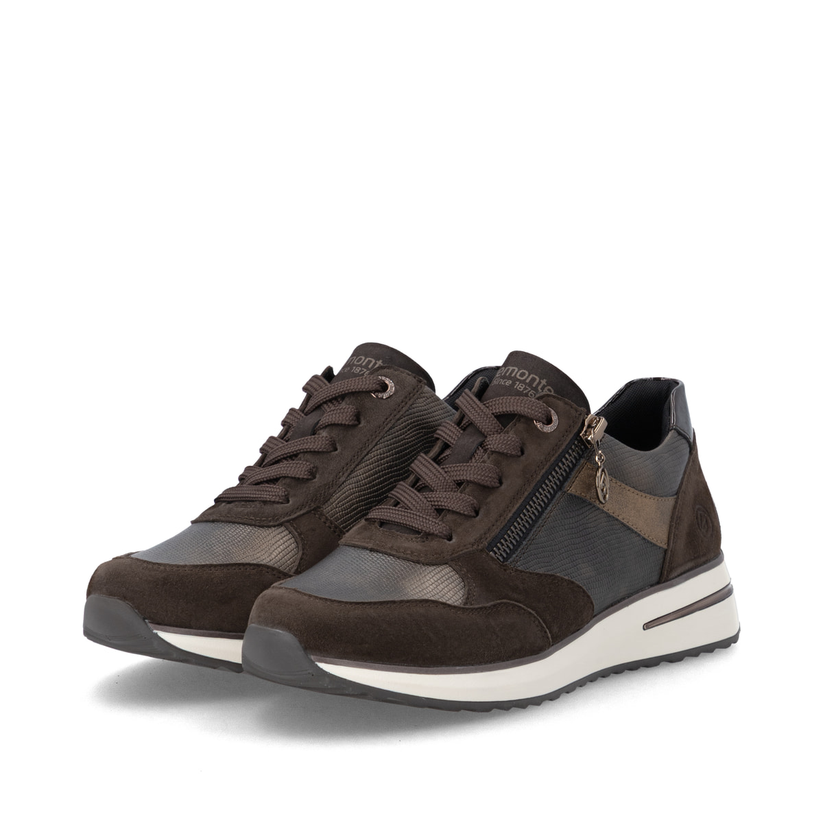 Dunkelbraun-bronzene remonte Damen Sneaker D1G08-25 mit einem Reißverschluss. Schuhpaar seitlich schräg.