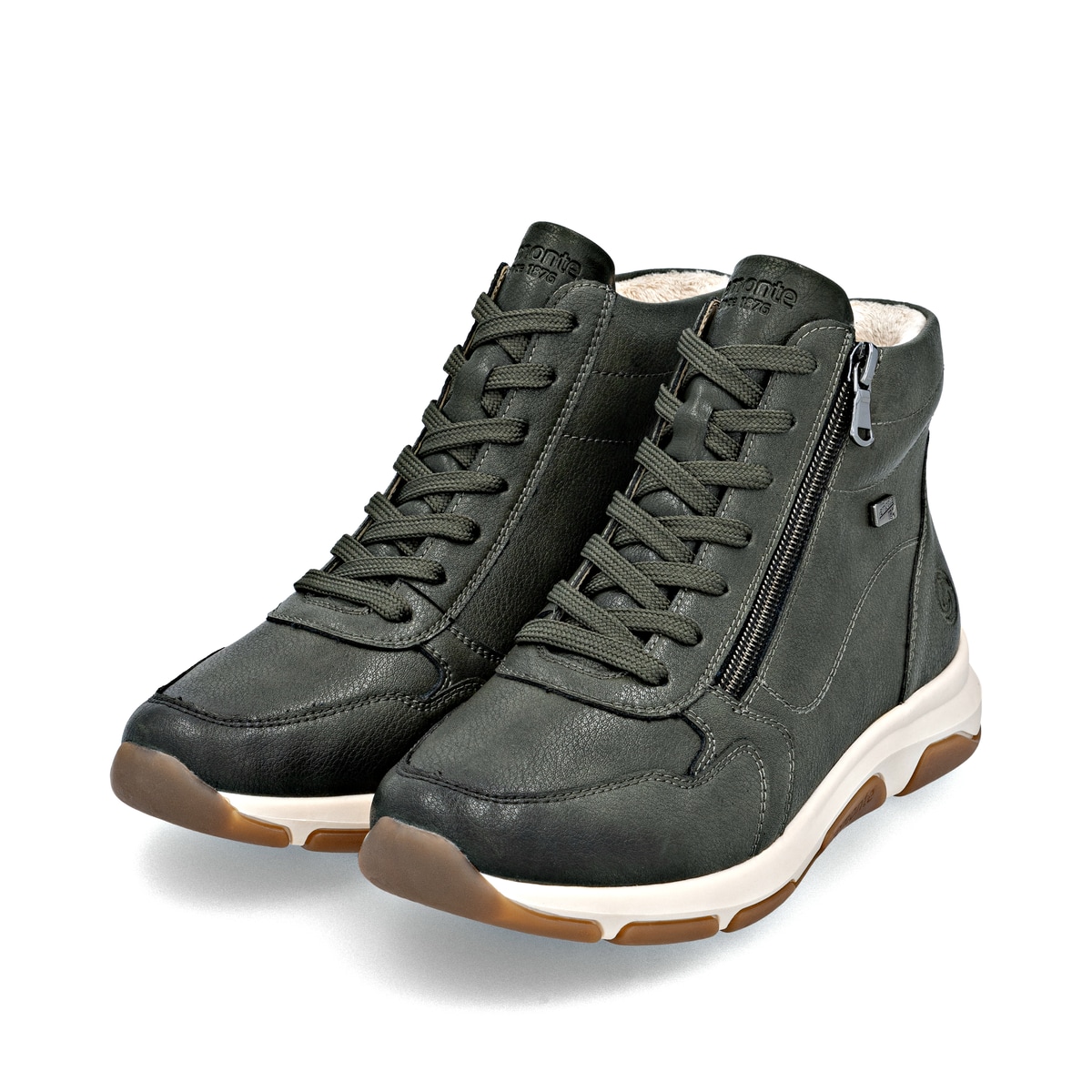 Grüne remonte Damen Schnürstiefel D1S71-52 mit wasserabweisender TEX-Membran. Schuhpaar seitlich schräg.