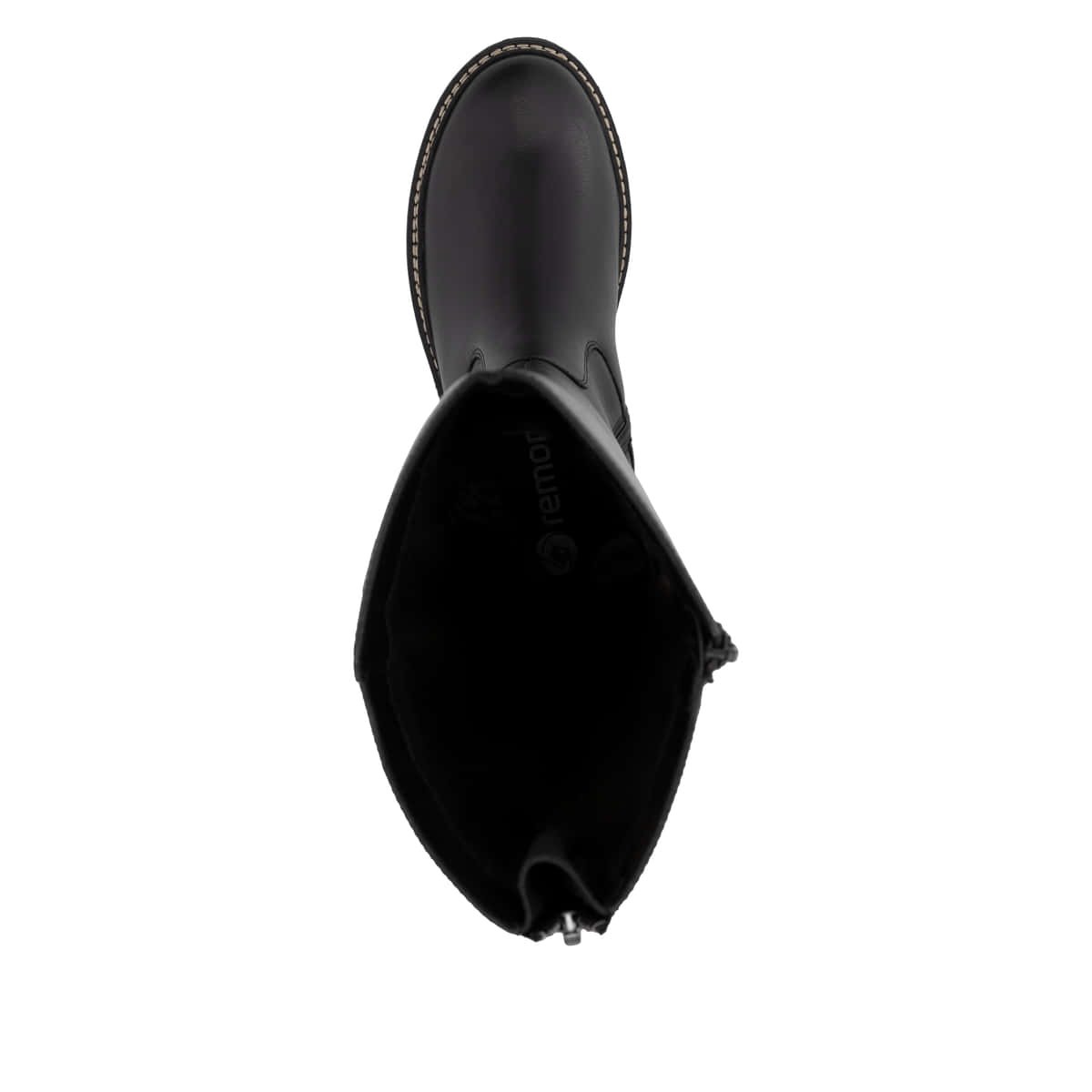 Asphaltschwarze remonte Damen Hochschaftstiefel D0B72-01 mit einer Profilsohle. Schuh von oben