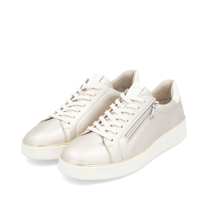 Goldene remonte Damen Sneaker Low D2E01-90 mit einem Reißverschluss. Schuhpaar seitlich schräg.