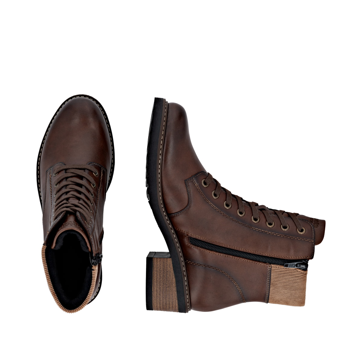 Braune remonte Damen Stiefeletten D1A70-24 mit wasserabweisender TEX-Membran. Schuh von oben, liegend.