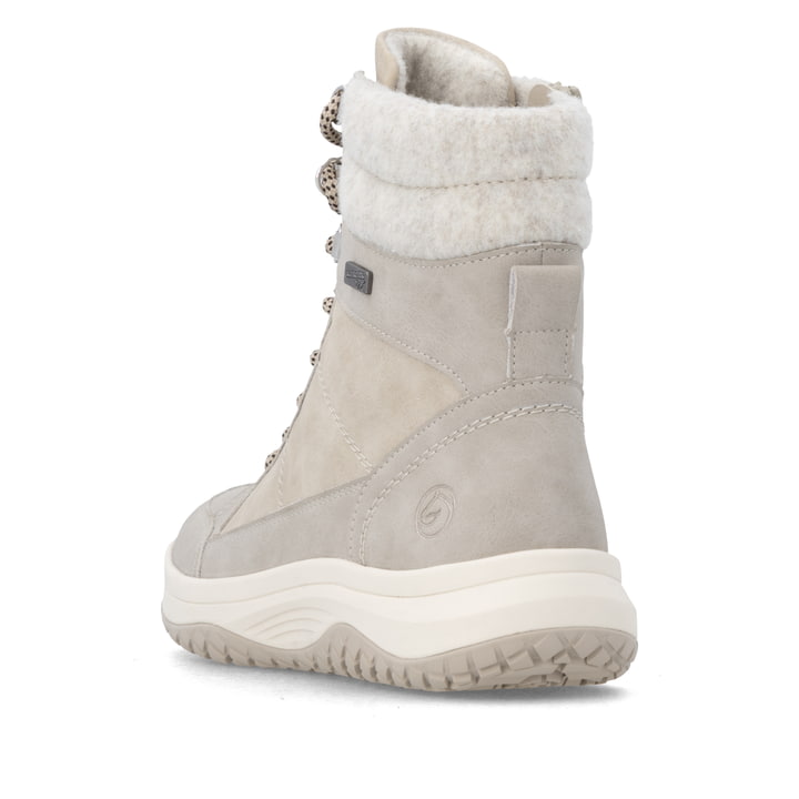 Beige remonte Damen Schnürstiefel D3Q72-40 mit wasserabweisender TEX-Membran. Schuh von hinten.