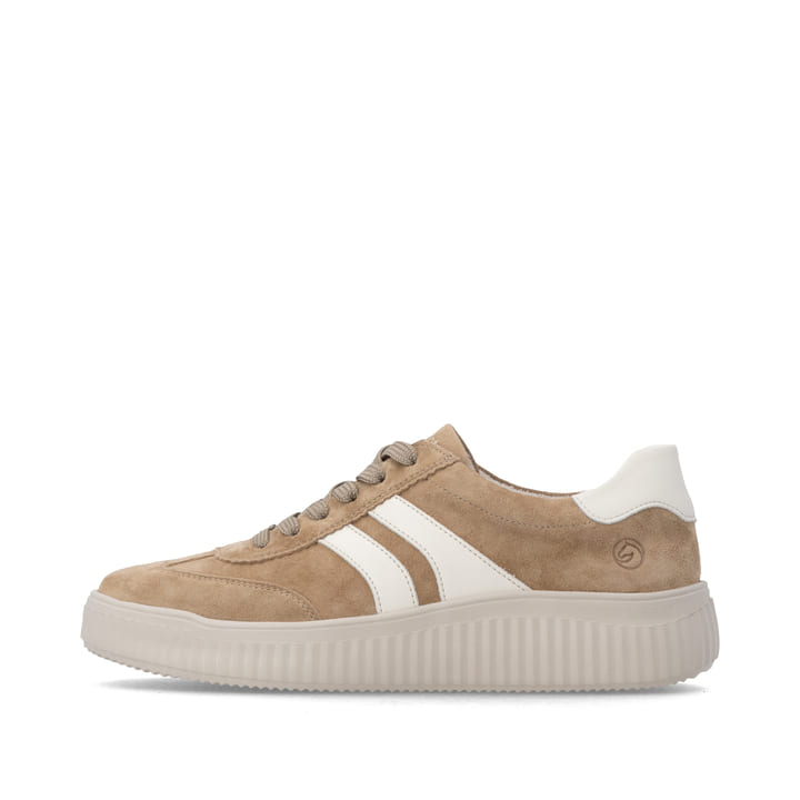 Baskets basses remonte beiges femmes D3E00-64 avec la semelle lightsole+. Côté extérieur de la chaussure.