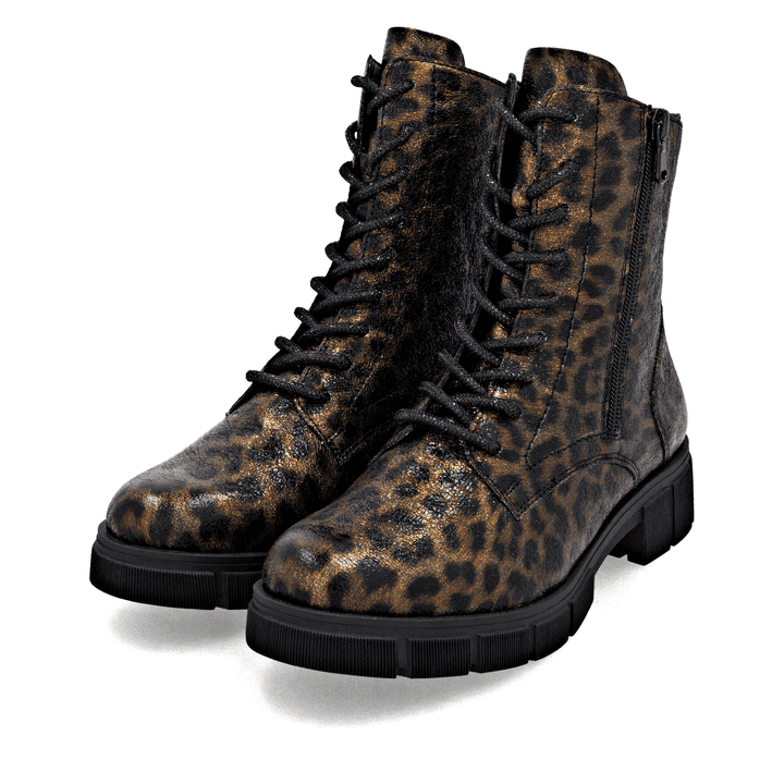 Braunschwarze remonte Damen Schnürstiefel D2S72-90 mit Leo-Print. Schuhpaar seitlich schräg.