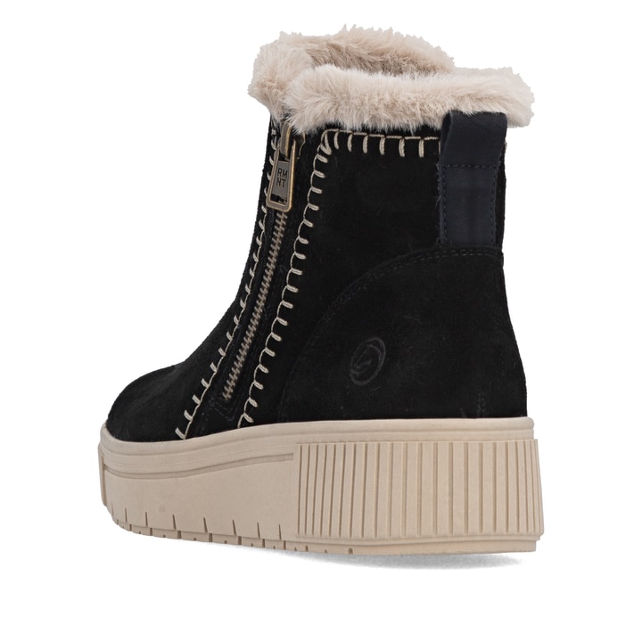 Schwarz-beige remonte Damen Kurzstiefel D3B70-03 mit modernen Ziernähten. Schuh von hinten.