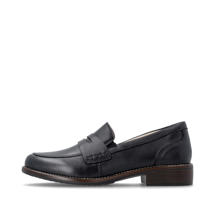 Schwarze remonte Damen Loafer D0F05-00 mit einem Gummizug. Schuh Außenseite.
