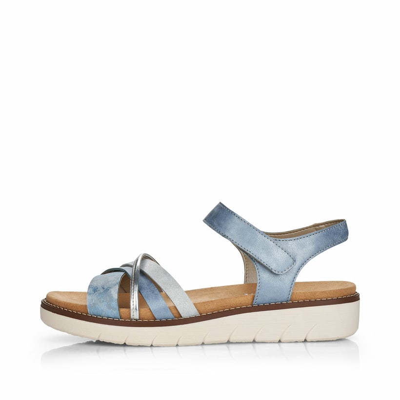 Blaue vegane remonte Riemchensandalen D2058-12 mit einem Klettverschluss. Schuh Außenseite.