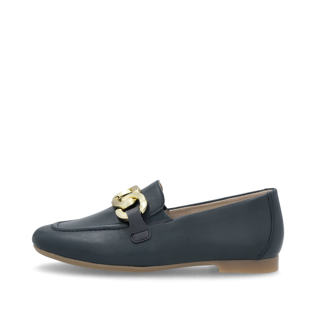 Blaue remonte Damen Loafer D0K09-14 mit Gummizug sowie gepolsterter Einlegesohle. Schuh Außenseite.