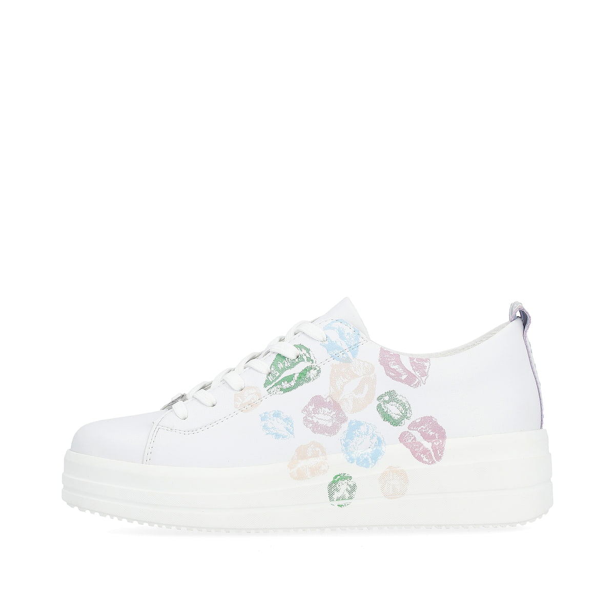 Frostweiße vegane remonte Damen Sneaker D1C03-80 mit einer Schnürung. Schuh Außenseite.