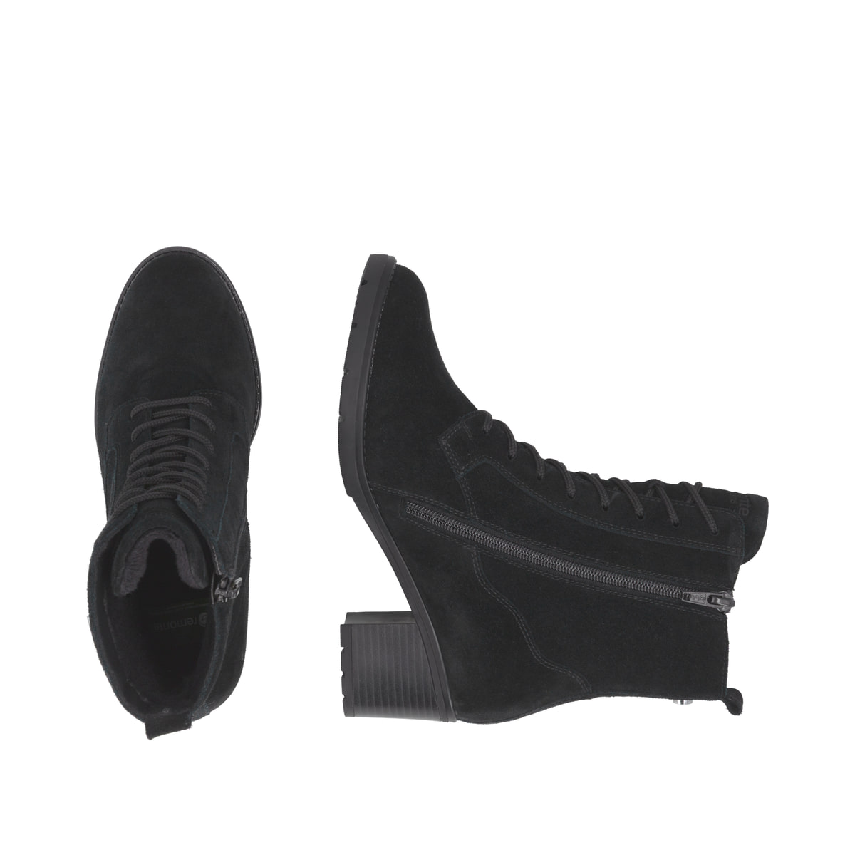 Schwarze remonte Damen Schnürstiefel D2A80-02 mit wasserabweisender TEX-Membran. Schuh von oben, liegend.