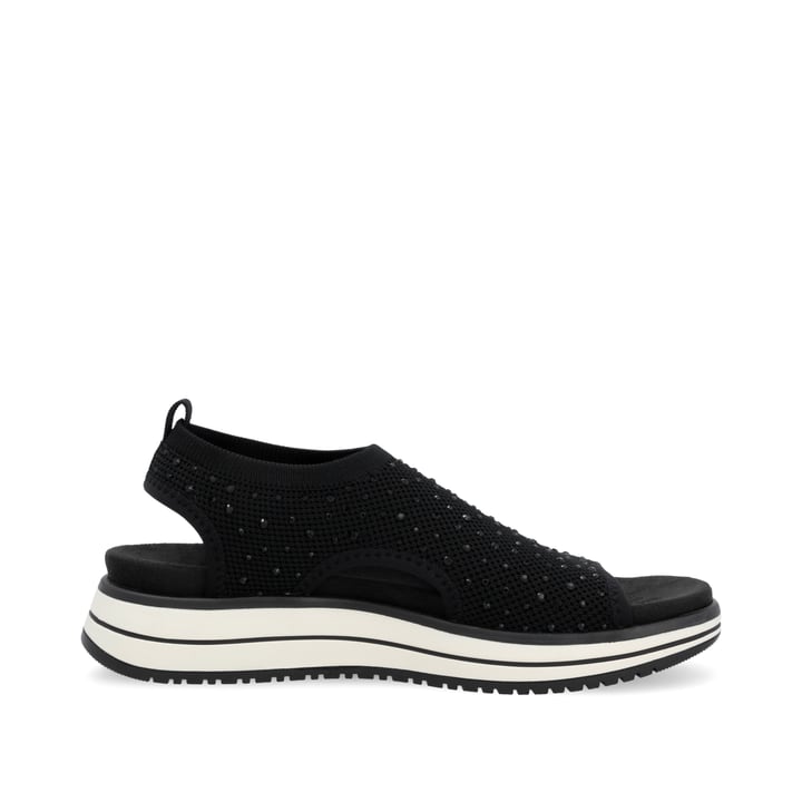 Schwarze remonte Riemchensandalen D1J55-00 mit einem Gummizug. Schuh Innenseite.