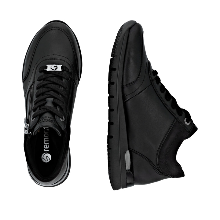 Schwarze remonte Damen Kurzstiefel R6775-00 mit wasserabweisender TEX-Membran. Schuh von oben, liegend.