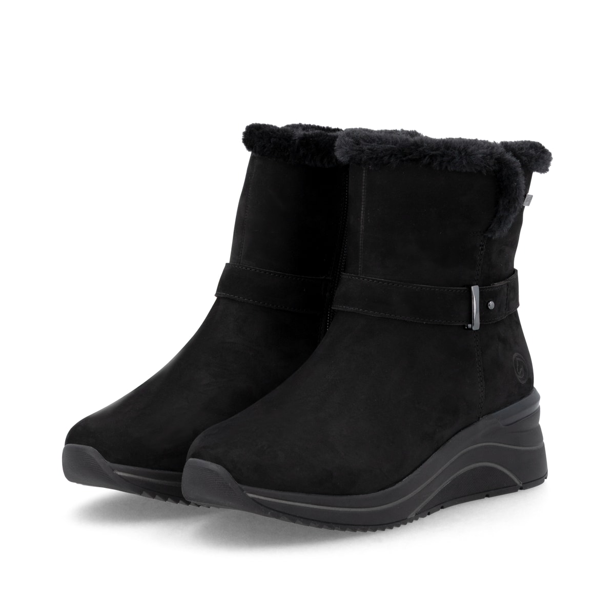 Schwarze remonte Damen Kurzstiefel D0T82-02 mit wasserabweisender TEX-Membran. Schuhpaar seitlich schräg.