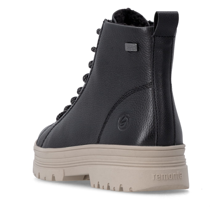 Schwarze remonte Damen Schnürstiefel D2U75-00 mit wasserabweisender TEX-Membran. Schuh von hinten.