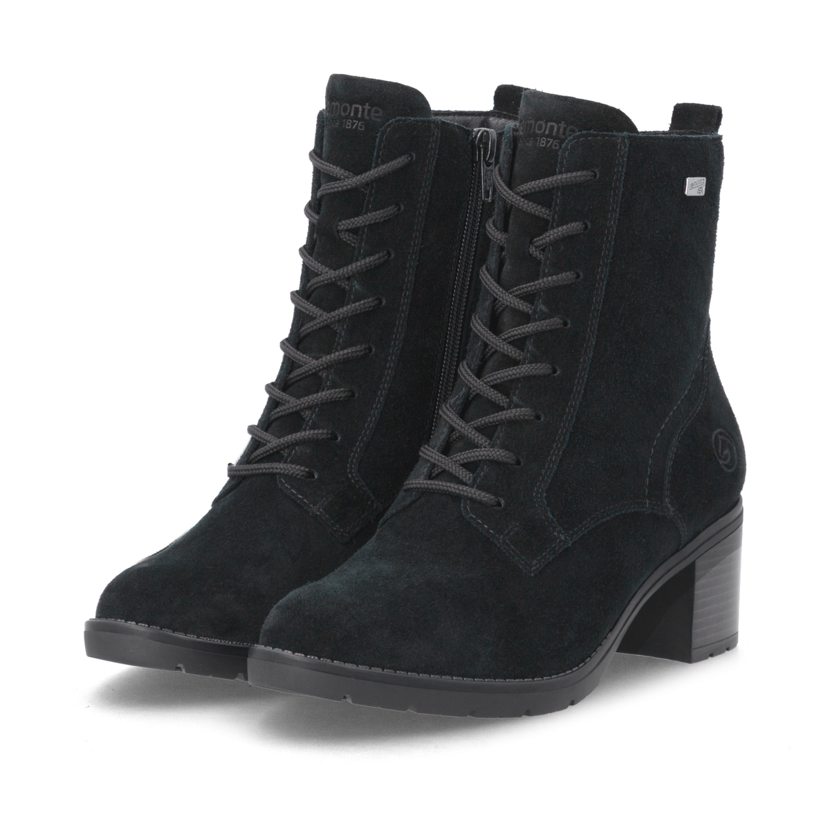 Schwarze remonte Damen Schnürstiefel D2A80-02 mit wasserabweisender TEX-Membran. Schuhpaar seitlich schräg.
