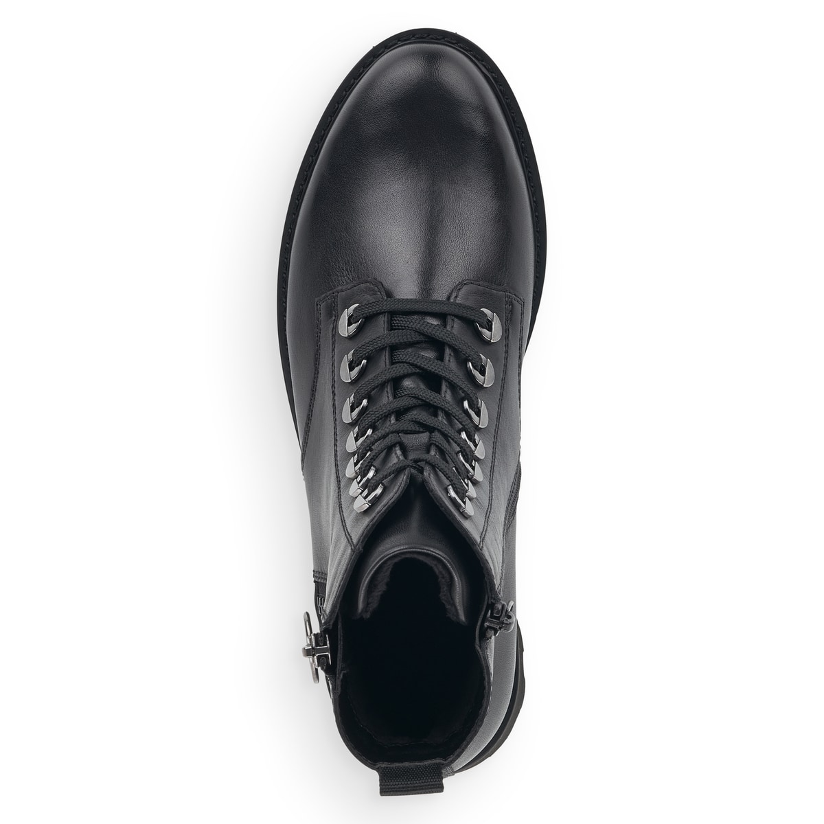 Schwarze remonte Damen Schnürstiefel D8671-01 mit einem Reißverschluss. Schuh von oben.