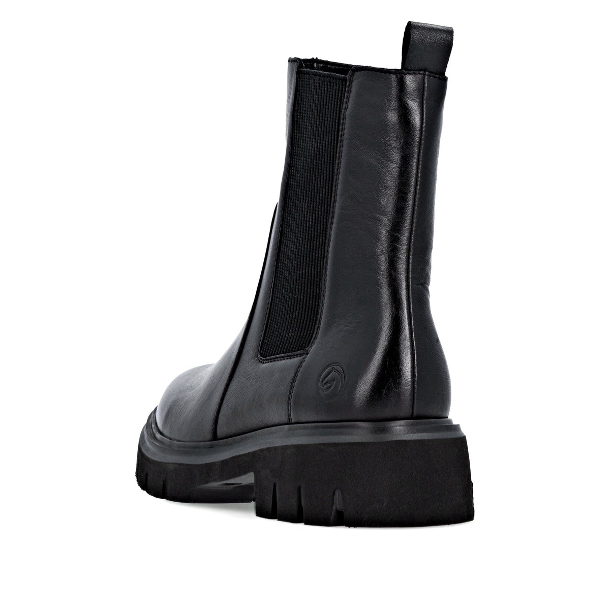 Schwarze remonte Chelsea Boots D1W81-00 mit Reißverschluss sowie Komfortweite G. Schuh von hinten.