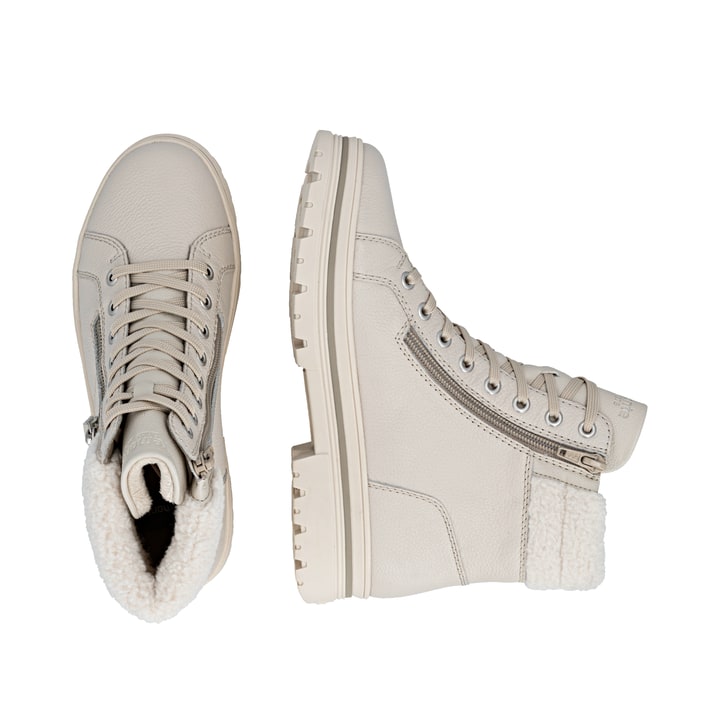 Weiße remonte Damen Schnürstiefel D2U74-80 mit wasserabweisender TEX-Membran. Schuh von oben, liegend.