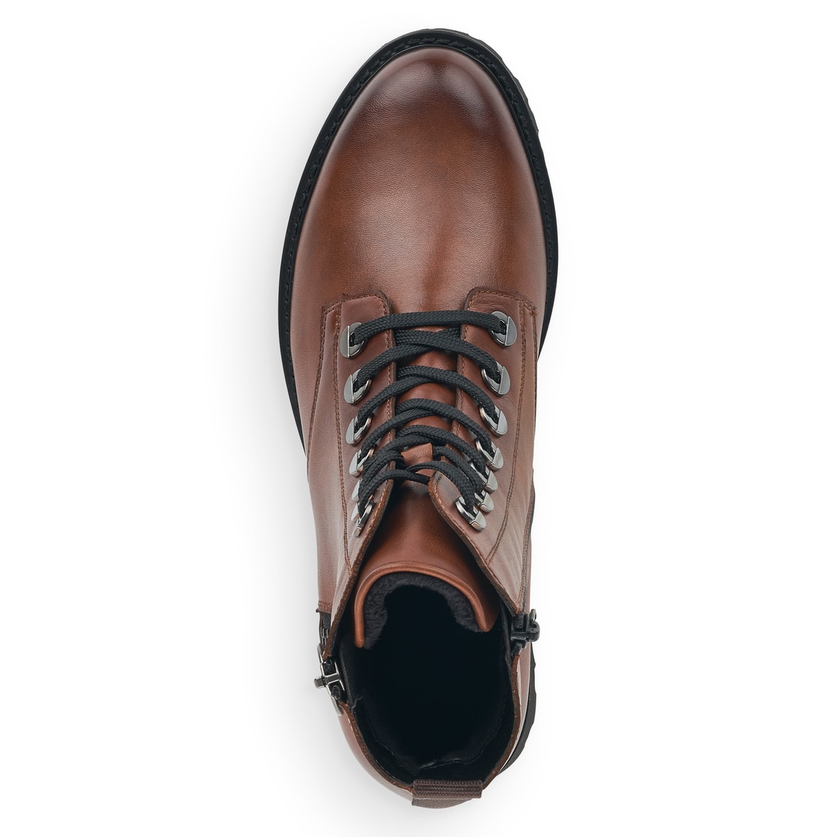 
Schokobraune remonte Damen Biker Boots D8671-22 mit Schnürung und Reißverschluss. Schuh von oben