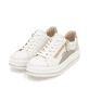 Weiße remonte Damen Sneaker Low D1C01-81 mit Reißverschluss sowie Komfortweite G. Schuhpaar seitlich schräg.