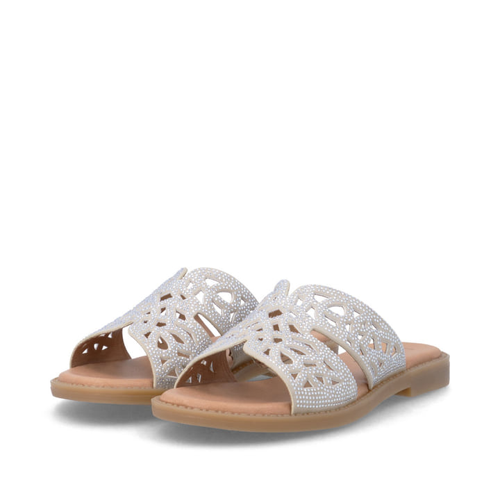 Beige vegane remonte Damen Pantoletten D3647-62 mit einem Gummizug. Schuhpaar seitlich schräg.
