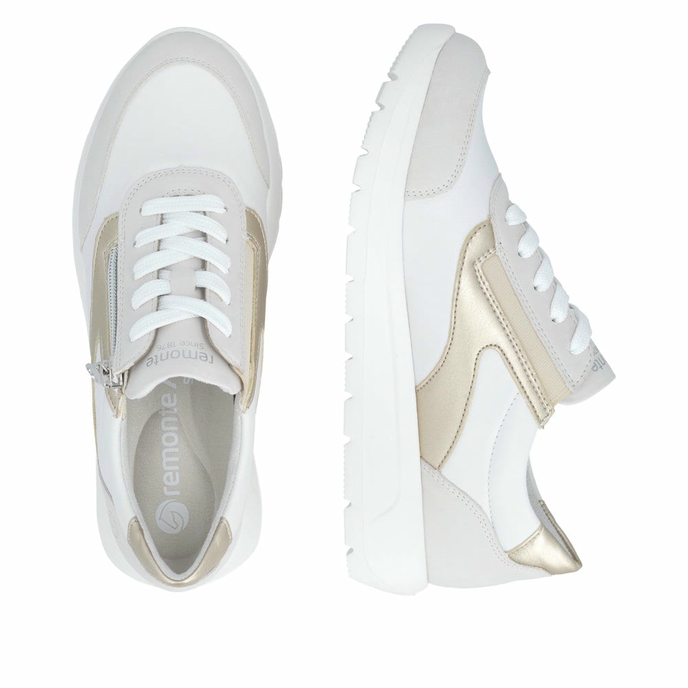 Weißgraue vegane remonte Damen Schnürschuhe D2V02-80 mit einem Reißverschluss. Schuh von oben, liegend.