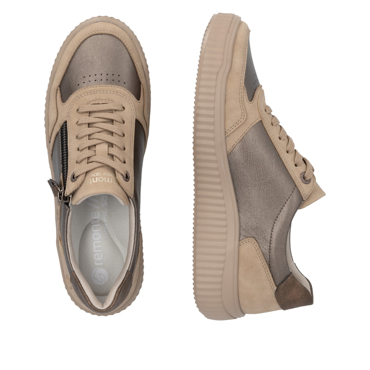 Beige-bronzene remonte Damen Sneaker D3E05-90 mit der ultraleichten lightsole+. Schuh von oben, liegend.