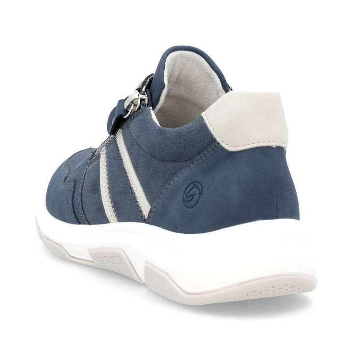 Blaue vegane remonte Damen Sneaker Low D1S04-14 mit einem Reißverschluss. Schuh von hinten.