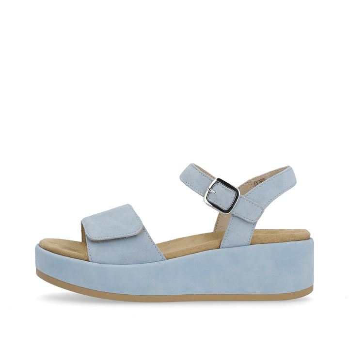 Eisblaue remonte Damen Riemchensandalen D1N50-10 mit einem Klettverschluss. Schuh Außenseite.