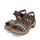 Schwarze remonte Riemchensandaletten D0N58-03 mit einem Klettverschluss. Schuhpaar seitlich schräg.