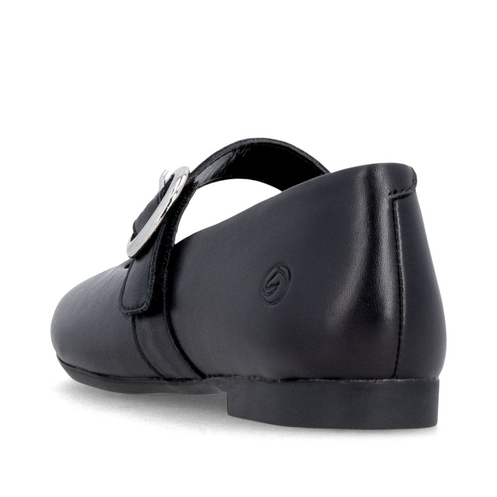 Schwarze remonte Ballerinas D0K14-00 mit einem Klettverschluss. Schuh von hinten.