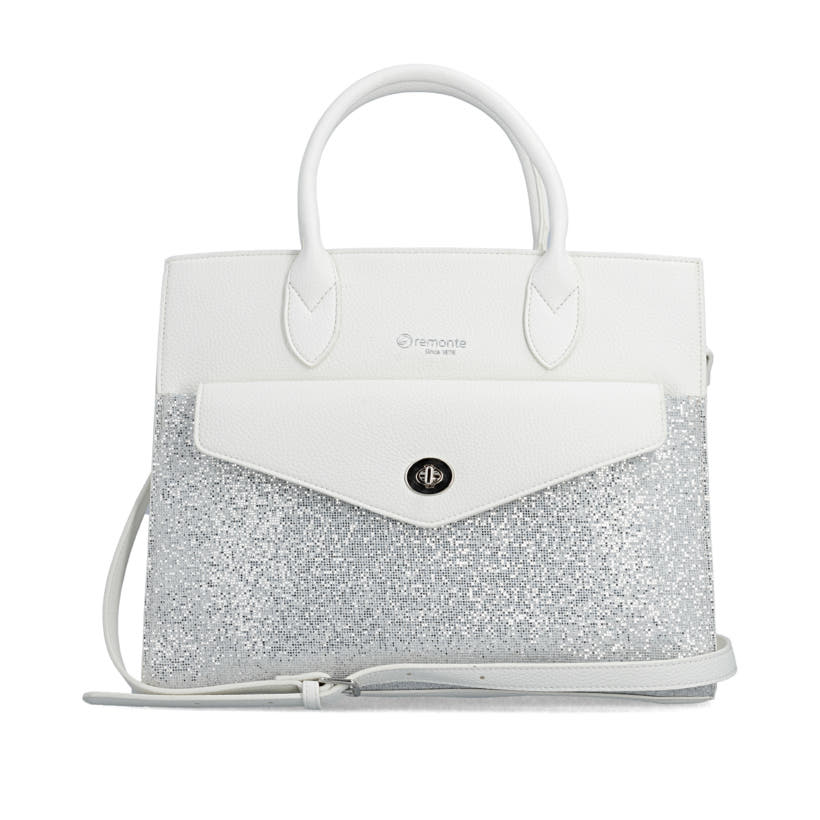 Sac à main remonte Q0765-80 blanc avec paillettes étincelantes et bretelle détachable ajustable. Devant.