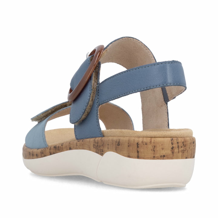 Sandales à lanières remonte bleues femme R6853-15 avec boucle tendance. Chaussure vue de l'arrière.