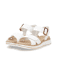 Weiße remonte Riemchensandalen D3J52-80 mit trendiger Schnalle. Schuhpaar seitlich schräg.