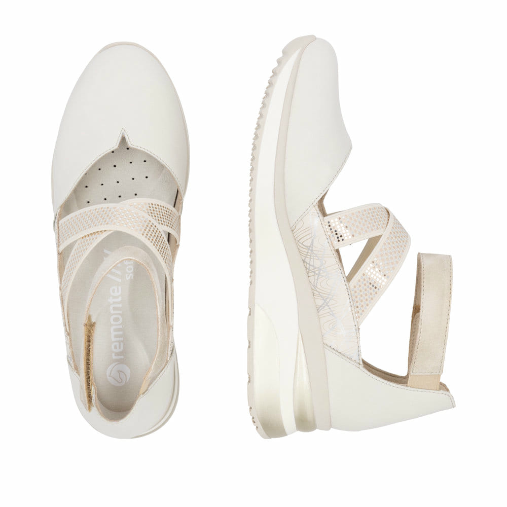Weiße remonte Ballerinas D2411-81 mit einem Klettverschluss sowie Komfortweite G. Schuh von oben, liegend.