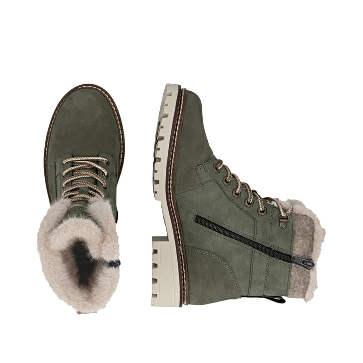 Dunkelgrüne remonte Damen Schnürstiefel D0B81-54 mit griffiger Glass-Fibre Sohle. Schuh von oben, liegend.