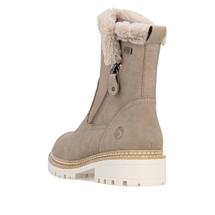 Dunkelbeige remonte Damen Kurzstiefel D0B83-20 mit griffiger Glass-Fibre Sohle. Schuh von hinten.