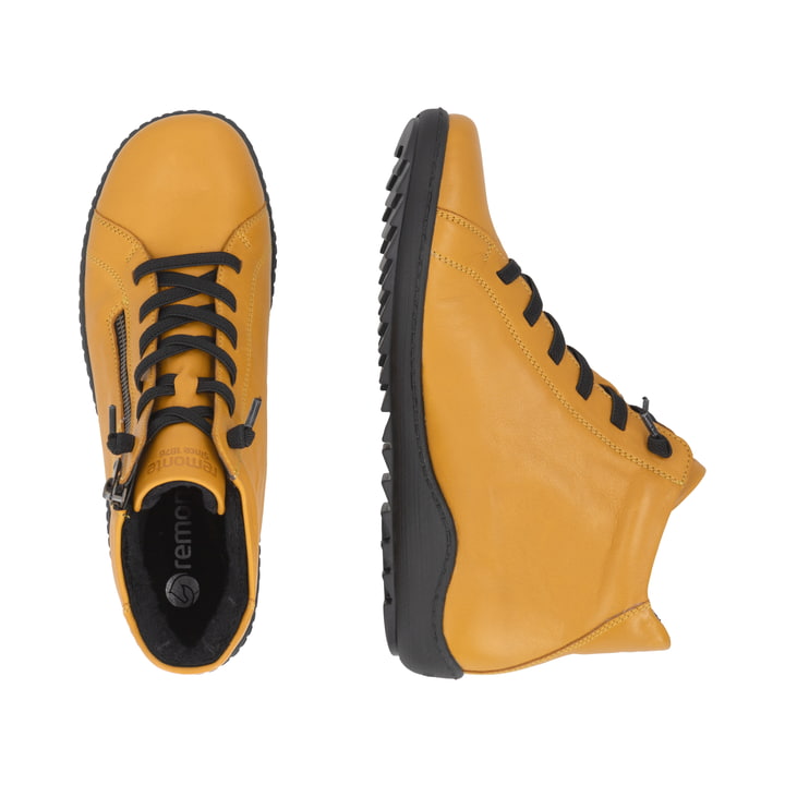 Gelbe remonte Damen Kurzstiefel R1455-68 mit wasserabweisender TEX-Membran. Schuh von oben, liegend.
