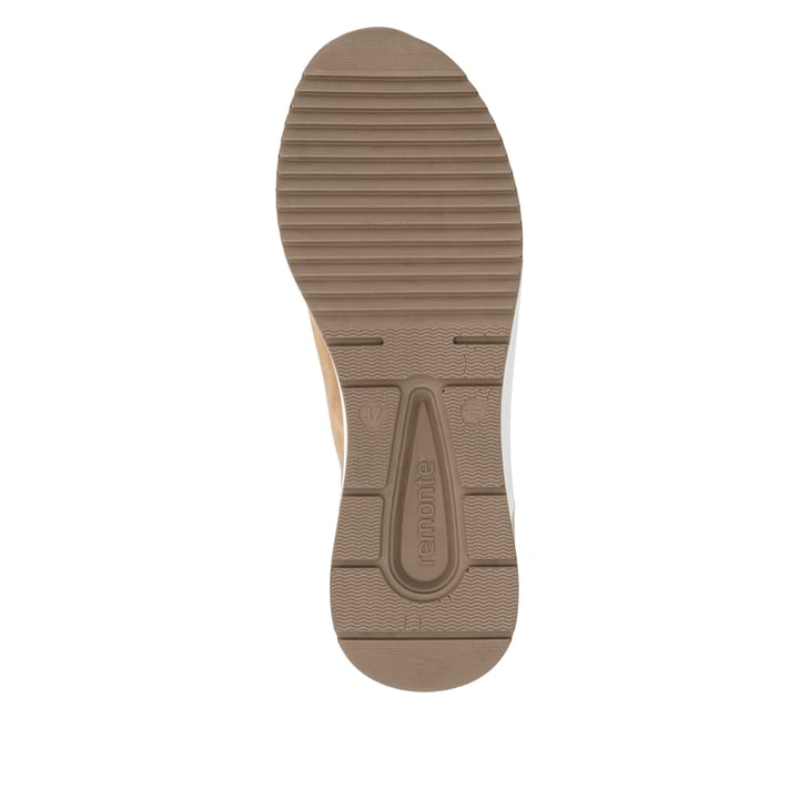 Camelfarbene remonte Damen Sneaker D0T03-64 mit einem Reißverschluss. Schuh Laufsohle.