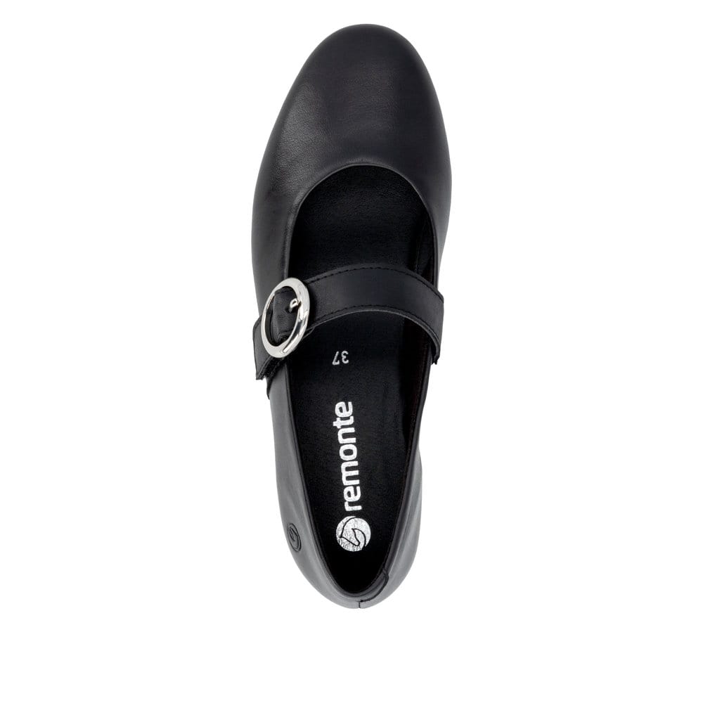 Schwarze remonte Ballerinas D0K14-00 mit einem Klettverschluss. Schuh von oben.