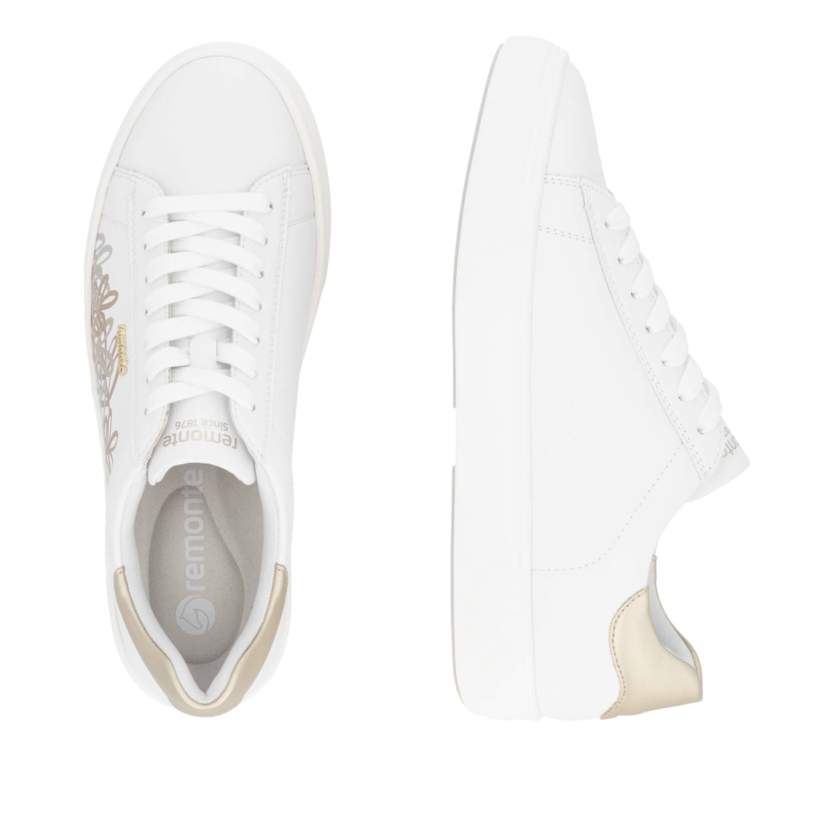 Weiße remonte Damen Sneaker Low D2J00-81 mit Schnürung sowie der Komfortweite G. Schuh von oben, liegend.