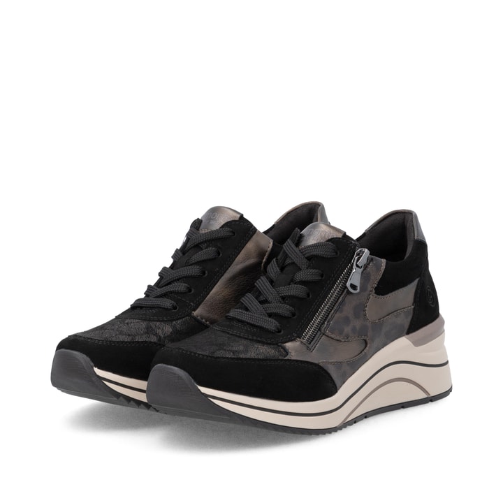 Schwarz-bronzene remonte Damen Schnürschuhe D0T23-03 mit einem Reißverschluss. Schuhpaar seitlich schräg.