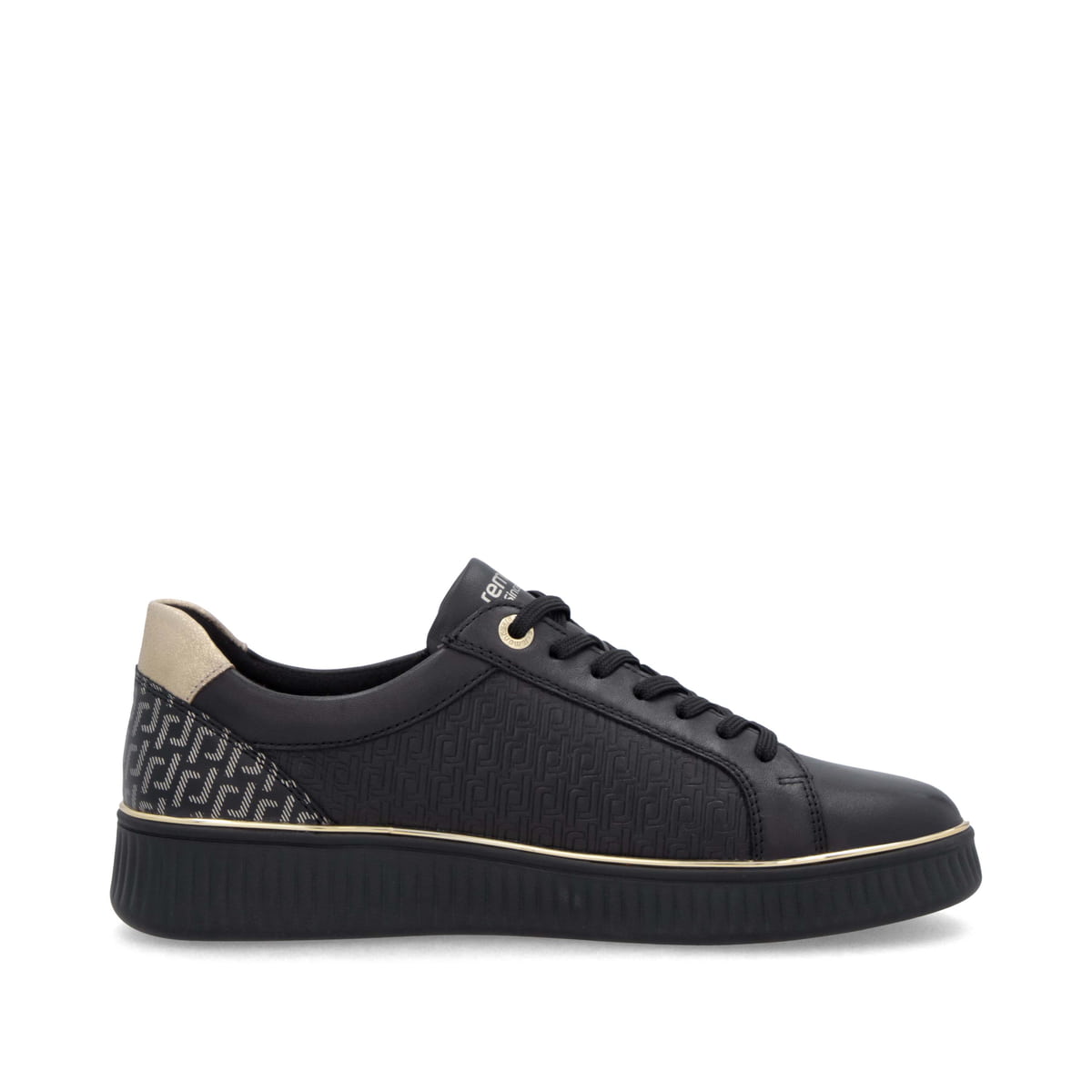 Baskets basses remonte noires pour femme D2E00-03 avec fermeture éclair. Chaussure vue de l'arrière.