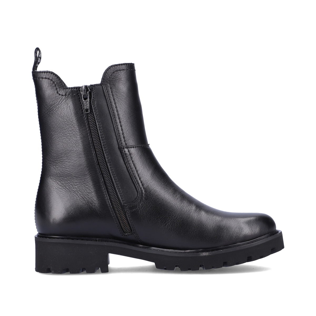 Chelsea Boots remonte noires pour femme D8694-00 avec fermeture éclair. Chaussure vue de l'arrière.