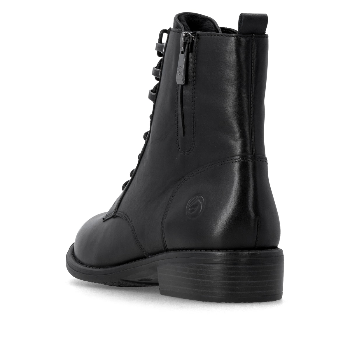 Schwarze remonte Damen Stiefeletten D0F82-00 mit einem Reißverschluss. Schuh von hinten.