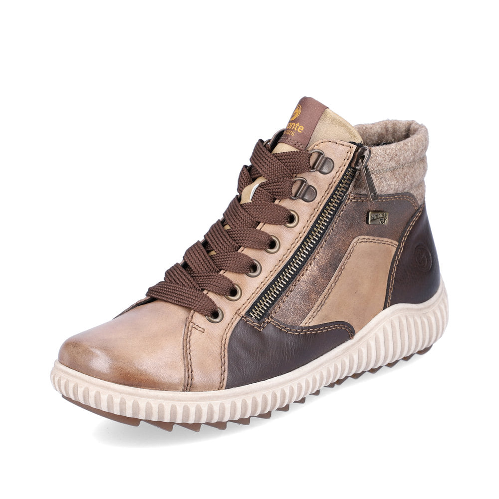 Hellbeige remonte Damen Schnürstiefel R7998-60 mit Schnürung und Reißverschluss. Schuh seitlich schräg