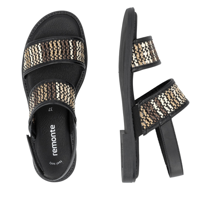 Schwarze vegane remonte Riemchensandalen D3646-03 mit einem Klettverschluss. Schuh von oben, liegend.