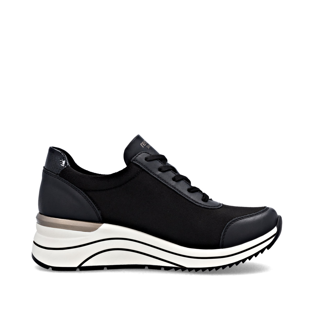 Baskets basses remonte noires pour femme D0T09-04 avec imprimé léopard. Chaussure vue de l'arrière.